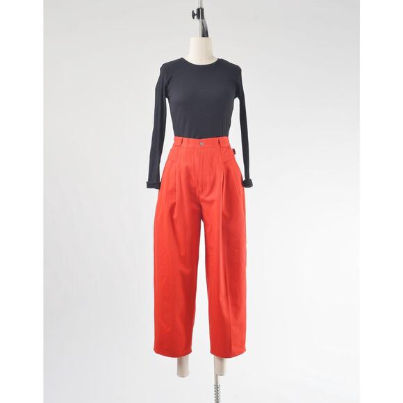 Vintage 80s Red Cotton Pleated Front Ankle Length Pants size M - Picture 2 of 8